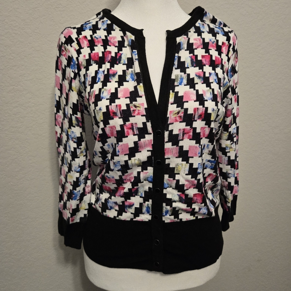 White House Black Market Multicolor Cardigan with Black Trim